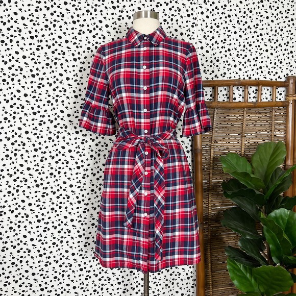 Draper James Dresses & Skirts - Draper James | Plaid Print Red Navy Blue Boyfriend Button Front